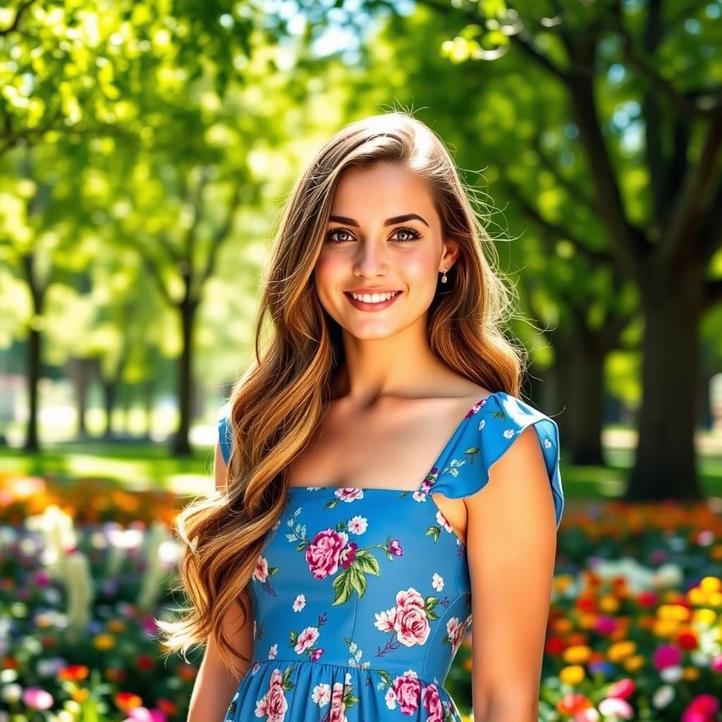 A portrait of a young woman named Mikayla Campinos with long wavy brown hair and striking hazel eyes, wearing a stylish blue summer dress adorned with floral patterns