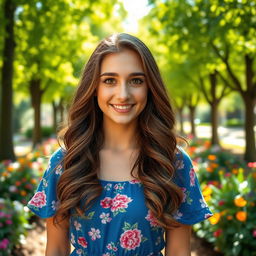 A portrait of a young woman named Mikayla Campinos with long wavy brown hair and striking hazel eyes, wearing a stylish blue summer dress adorned with floral patterns