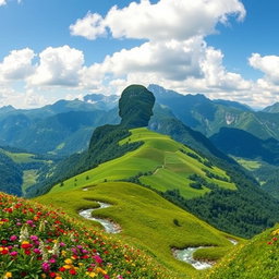 A stunning landscape resembling the silhouette of Bruce Lee, with majestic mountains in the background and lush green valleys, vibrant flowers in the foreground, and a clear blue sky dotted with fluffy white clouds