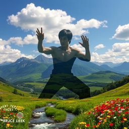 A stunning landscape resembling the silhouette of Bruce Lee, with majestic mountains in the background and lush green valleys, vibrant flowers in the foreground, and a clear blue sky dotted with fluffy white clouds