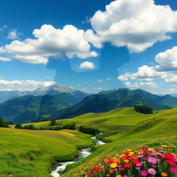 A stunning landscape resembling the silhouette of Bruce Lee, with majestic mountains in the background and lush green valleys, vibrant flowers in the foreground, and a clear blue sky dotted with fluffy white clouds