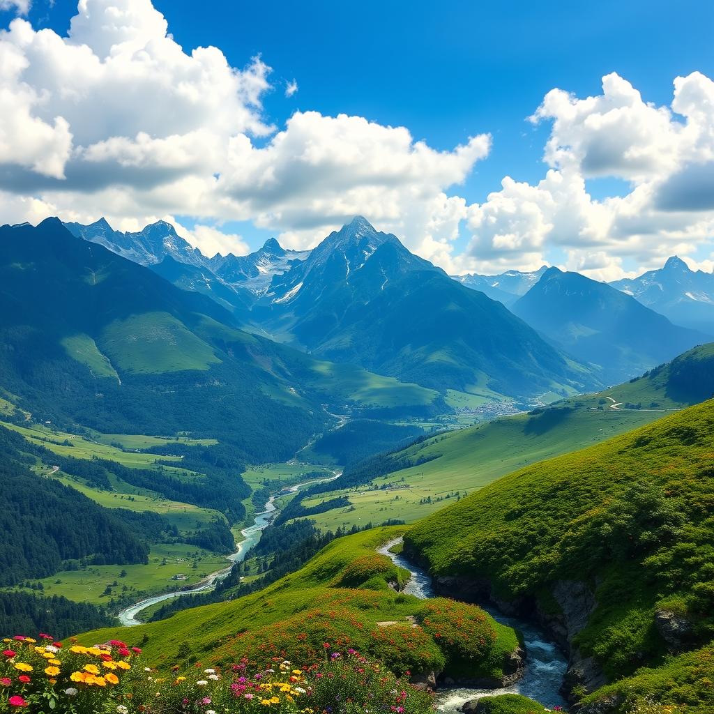 A stunning landscape resembling the silhouette of Bruce Lee, with majestic mountains in the background and lush green valleys, vibrant flowers in the foreground, and a clear blue sky dotted with fluffy white clouds