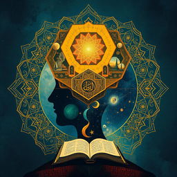 A thought-provoking piece of art that represents philosophical symbolism with elements inspired by Islamic and Arabic philosophy