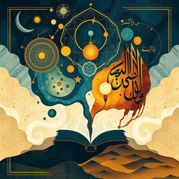 A thought-provoking piece of art that represents philosophical symbolism with elements inspired by Islamic and Arabic philosophy