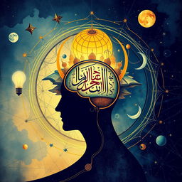 A thought-provoking piece of art that represents philosophical symbolism with elements inspired by Islamic and Arabic philosophy