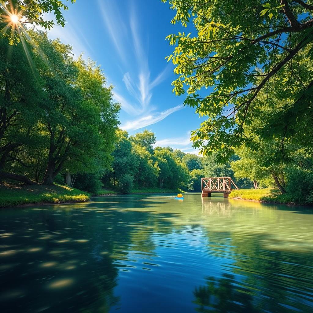 A serene landscape featuring a calm river reflecting the sky, surrounded by lush green trees