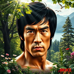 A stunning blend of Bruce Lee's iconic facial features seamlessly integrated with a lush natural landscape