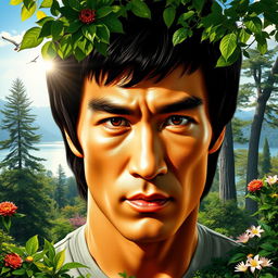 A stunning blend of Bruce Lee's iconic facial features seamlessly integrated with a lush natural landscape