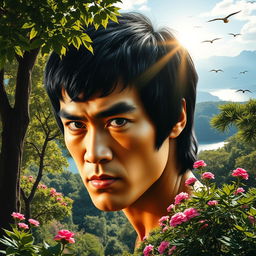 A stunning blend of Bruce Lee's iconic facial features seamlessly integrated with a lush natural landscape