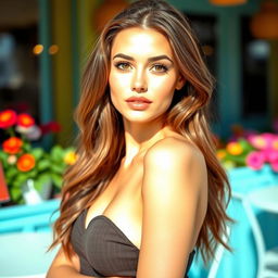 A young caucasian woman with brunette hair, featuring a confident expression and captivating eyes