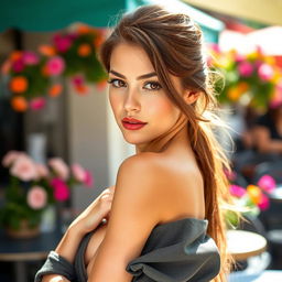 A young caucasian woman with brunette hair, featuring a confident expression and captivating eyes