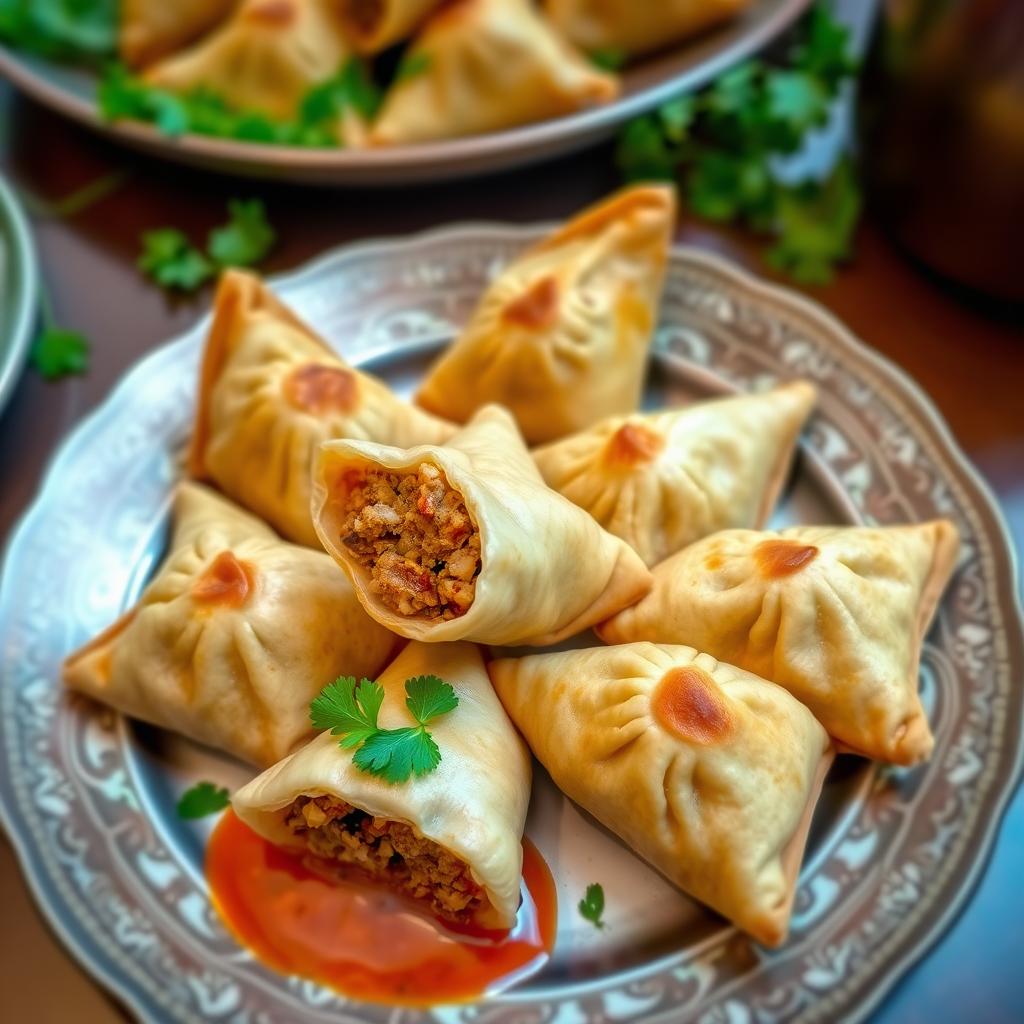 A delicious plate of freshly made sambusas, golden and crispy, stuffed with a mixture of spiced ground meat and chopped vegetables