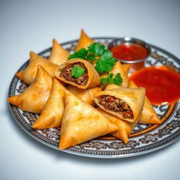 A delicious plate of freshly made sambusas, golden and crispy, stuffed with a mixture of spiced ground meat and chopped vegetables