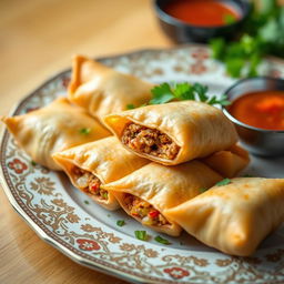 A delicious plate of freshly made sambusas, golden and crispy, stuffed with a mixture of spiced ground meat and chopped vegetables