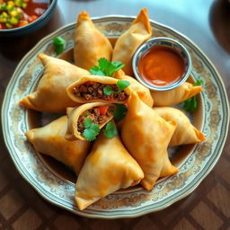 A delicious plate of freshly made sambusas, golden and crispy, stuffed with a mixture of spiced ground meat and chopped vegetables