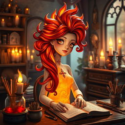 A richly detailed and whimsical representation of a candle stylist named 'REMIN Writing', who embodies the elegance of a long, fiery hairstyle made of flickering candle flames