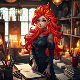 A richly detailed and whimsical representation of a candle stylist named 'REMIN Writing', who embodies the elegance of a long, fiery hairstyle made of flickering candle flames