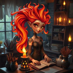 A richly detailed and whimsical representation of a candle stylist named 'REMIN Writing', who embodies the elegance of a long, fiery hairstyle made of flickering candle flames