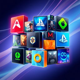 A stunning digital artwork showcasing a collage of computer games, represented by beautifully designed square, rectangular, and triangular shapes arranged harmoniously together