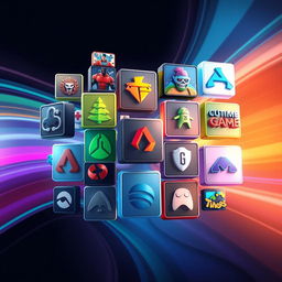 A stunning digital artwork showcasing a collage of computer games, represented by beautifully designed square, rectangular, and triangular shapes arranged harmoniously together