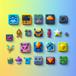 A visually appealing arrangement of computer game icons and characters designed in the shapes of squares, rectangles, and triangles