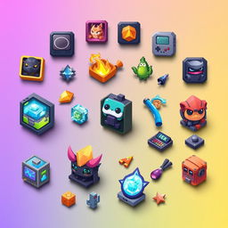 A visually appealing arrangement of computer game icons and characters designed in the shapes of squares, rectangles, and triangles