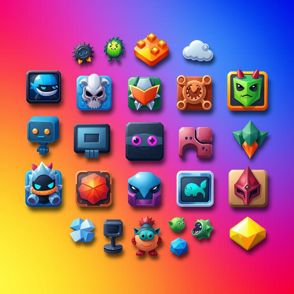 A visually appealing arrangement of computer game icons and characters designed in the shapes of squares, rectangles, and triangles