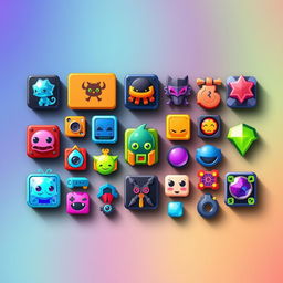 A visually appealing arrangement of computer game icons and characters designed in the shapes of squares, rectangles, and triangles