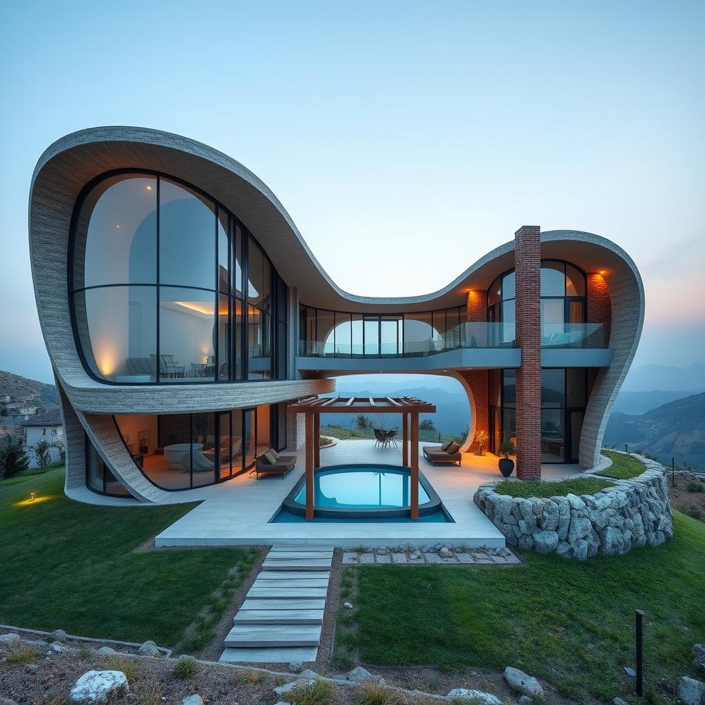 A modern rural villa situated on a hilltop, featuring a creative blend of curved, twisted bionic and futuristic styles