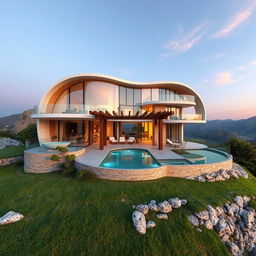 A modern rural villa situated on a hilltop, featuring a creative blend of curved, twisted bionic and futuristic styles