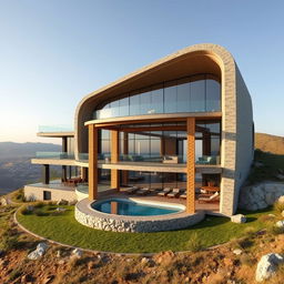A modern rural villa situated on a hilltop, featuring a creative blend of curved, twisted bionic and futuristic styles