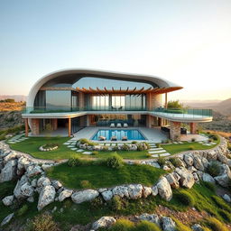 A modern rural villa situated on a hilltop, featuring a creative blend of curved, twisted bionic and futuristic styles