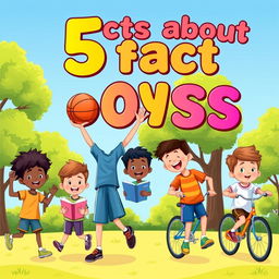 A whimsical and educational illustration featuring a diverse group of boys of various ethnicities (Caucasian, African American, Asian, Hispanic) engaged in fun activities like playing basketball, reading, and riding bikes in a sunny park setting