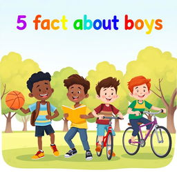 A whimsical and educational illustration featuring a diverse group of boys of various ethnicities (Caucasian, African American, Asian, Hispanic) engaged in fun activities like playing basketball, reading, and riding bikes in a sunny park setting