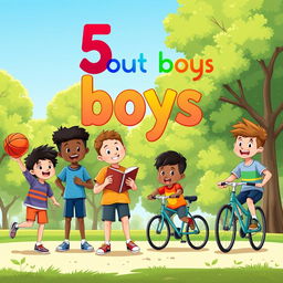 A whimsical and educational illustration featuring a diverse group of boys of various ethnicities (Caucasian, African American, Asian, Hispanic) engaged in fun activities like playing basketball, reading, and riding bikes in a sunny park setting