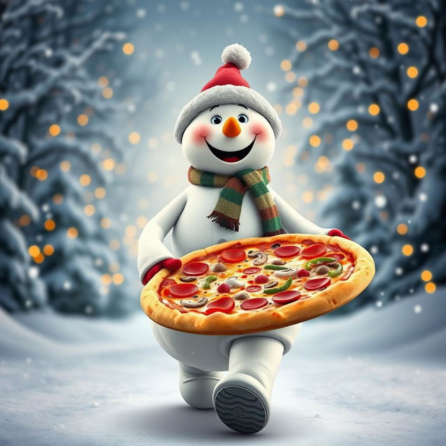 A cheerful snowman happily walking while holding a large pizza in one hand