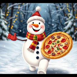 A cheerful snowman happily walking while holding a large pizza in one hand