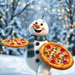A cheerful snowman happily walking while holding a large pizza in one hand