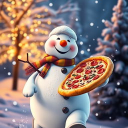A cheerful snowman happily walking while holding a large pizza in one hand