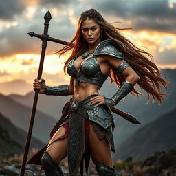 An athletic warrior woman standing confidently in a dramatic pose, wearing intricately detailed armor that reflects a blend of ancient and futuristic designs