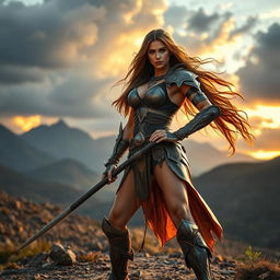 An athletic warrior woman standing confidently in a dramatic pose, wearing intricately detailed armor that reflects a blend of ancient and futuristic designs