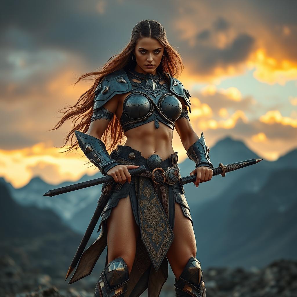 An athletic warrior woman standing confidently in a dramatic pose, wearing intricately detailed armor that reflects a blend of ancient and futuristic designs