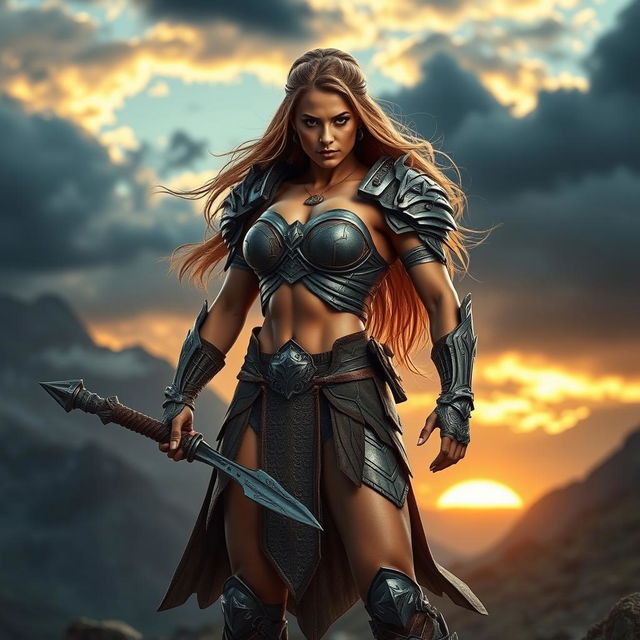 An athletic warrior woman standing confidently in a dramatic pose, wearing intricately detailed armor that reflects a blend of ancient and futuristic designs