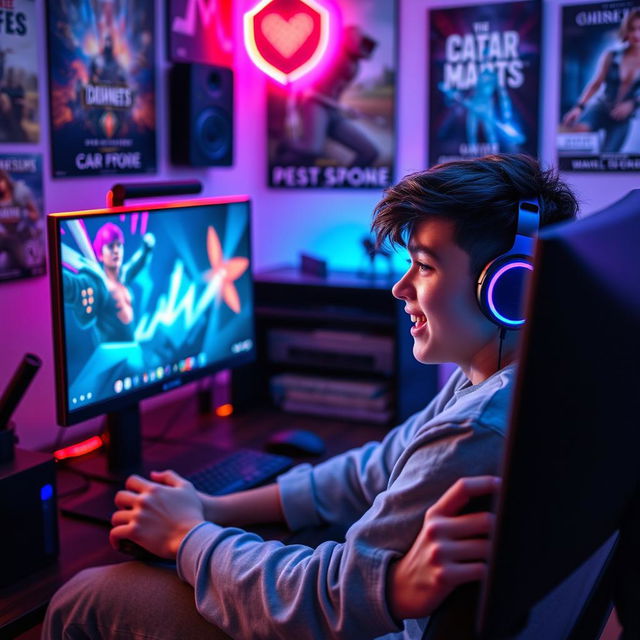 A stunningly handsome teenage boy immersed in playing video games on a beautifully designed gaming setup, featuring an elegant monitor, vibrant RGB lighting, and sleek gaming accessories