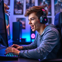 A stunningly handsome teenage boy immersed in playing video games on a beautifully designed gaming setup, featuring an elegant monitor, vibrant RGB lighting, and sleek gaming accessories
