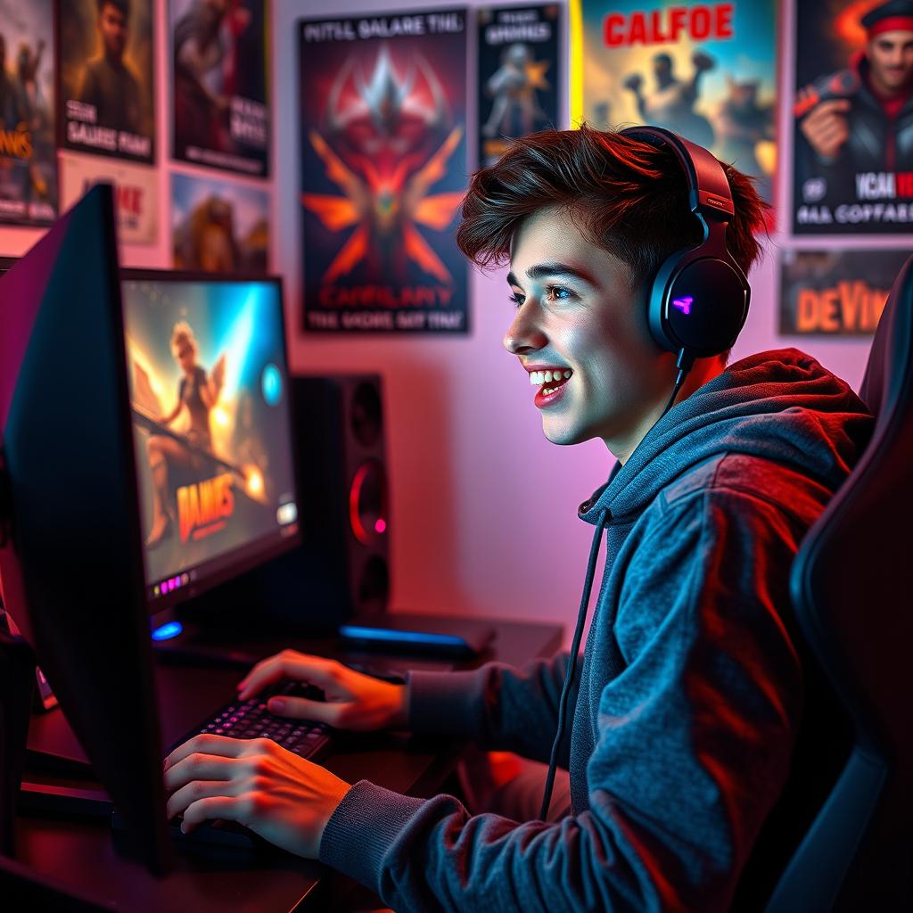 A stunningly handsome teenage boy immersed in playing video games on a beautifully designed gaming setup, featuring an elegant monitor, vibrant RGB lighting, and sleek gaming accessories