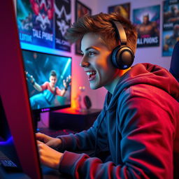 A stunningly handsome teenage boy immersed in playing video games on a beautifully designed gaming setup, featuring an elegant monitor, vibrant RGB lighting, and sleek gaming accessories