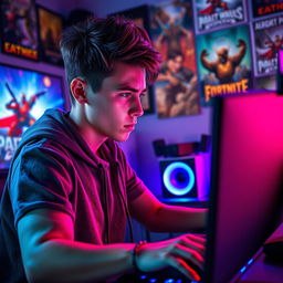 A very handsome teenage boy intensely focused while playing video games on a sleek, stylish gaming setup with vibrant RGB lighting