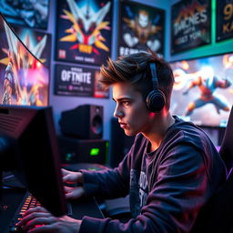 A very handsome teenage boy intensely focused while playing video games on a sleek, stylish gaming setup with vibrant RGB lighting
