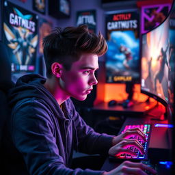A very handsome teenage boy intensely focused while playing video games on a sleek, stylish gaming setup with vibrant RGB lighting